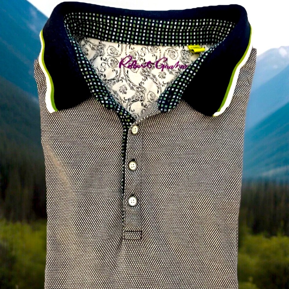 Robert Graham Polo Shirt Men's Size XL Short Sleeve Textured Blue White Print